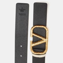 Pre Owned Valentino Black/Off White Leather VLogo Reversible Belt 75CM