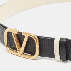 Pre Owned Valentino Black/Off White Leather VLogo Reversible Belt 75CM