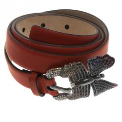 Pre Owned حزام فالنتينو  إبزيم فراشة زخرفة كريستال جلد برتقالي 90 سم