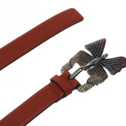 Pre Owned حزام فالنتينو إبزيم فراشة زخرفة كريستال جلد برتقالي 90 سم