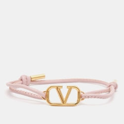 Pre Owned Valentino VLogo Leather Gold Tone Bracelet
