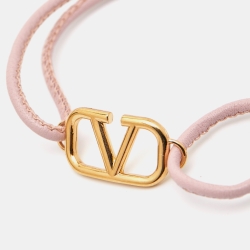 Pre Owned Valentino VLogo Leather Gold Tone Bracelet
