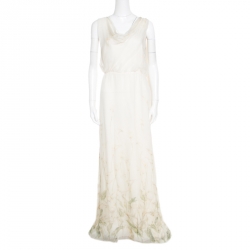 Pre Owned Valentino Pale Yellow Floral Printed Silk Draped Neck Evening Gown L