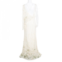Pre Owned Valentino Pale Yellow Floral Printed Silk Draped Neck Evening Gown L