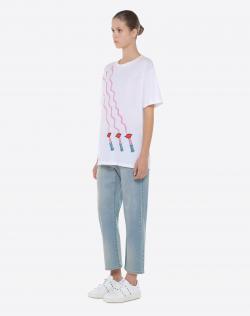 Pre Owned Valentino Bianco Lipstick Waves Printed Jersey Embroidery Crew Neck T-Shirt L