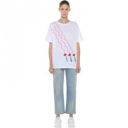 Pre Owned Valentino Bianco Lipstick Waves Printed Jersey Embroidery Crew Neck T-Shirt L