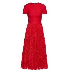 Pre Owned Valentino Red Crepe Couture with Heavy Lace Pleated Dress Medium / IT 42