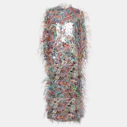 Multicolor Sequin Feather Embellished Silk Maxi Dress S (IT
