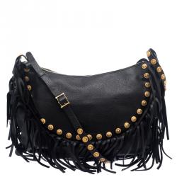 Pre Owned Valentino Black Leather C Rockee Studded Fringe Hobo