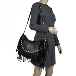 Pre Owned Valentino Black Leather C Rockee Studded Fringe Hobo