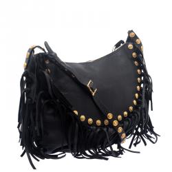 Pre Owned Valentino Black Leather C Rockee Studded Fringe Hobo