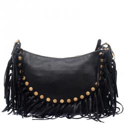 Pre Owned Valentino Black Leather C Rockee Studded Fringe Hobo