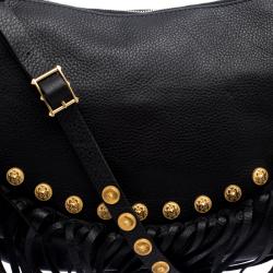 Pre Owned Valentino Black Leather C Rockee Studded Fringe Hobo