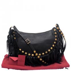 Pre Owned Valentino Black Leather C Rockee Studded Fringe Hobo