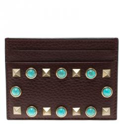Pre Owned Valentino Burgundy Leather Rockstud Embellished Card Holder