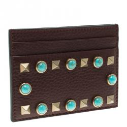 Pre Owned Valentino Burgundy Leather Rockstud Embellished Card Holder