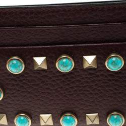 Pre Owned Valentino Burgundy Leather Rockstud Embellished Card Holder
