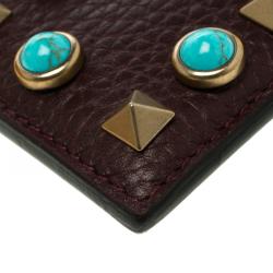Pre Owned Valentino Burgundy Leather Rockstud Embellished Card Holder