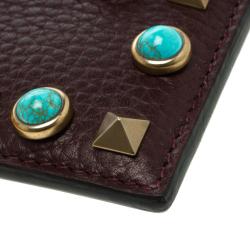 Pre Owned Valentino Burgundy Leather Rockstud Embellished Card Holder