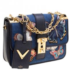 Pre Owned Valentino Blue Denim Butterfly B-Rockstud Shoulder Bag