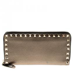 Pre Owned Valentino Gun Metal Leather Rockstud Zip Around Wallet