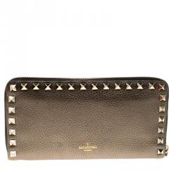 Pre Owned Valentino Gun Metal Leather Rockstud Zip Around Wallet