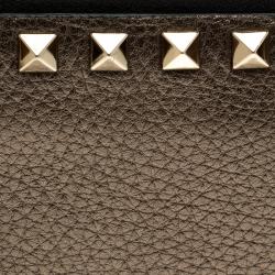Pre Owned Valentino Gun Metal Leather Rockstud Zip Around Wallet