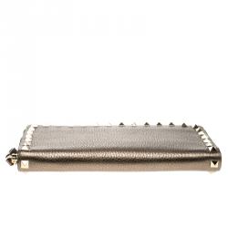 Pre Owned Valentino Gun Metal Leather Rockstud Zip Around Wallet