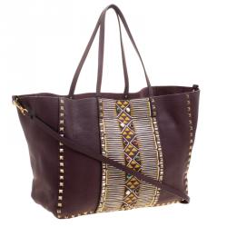 Pre Owned Valentino Burgundy Painted Leather My Rockstud Convertible Tote