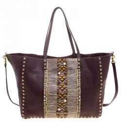 Pre Owned Valentino Burgundy Painted Leather My Rockstud Convertible Tote
