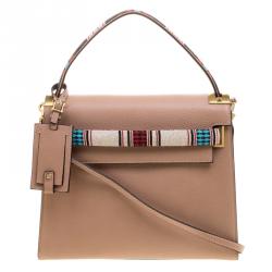 Pre Owned Valentino Brown Tribal Motif Leather My Rockstud Top Handle Bag
