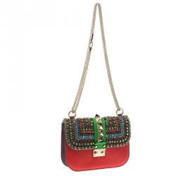 Pre Owned Valentino Multicolor Leather Small Crystal Embellished Glam Lock Shoulder Bag