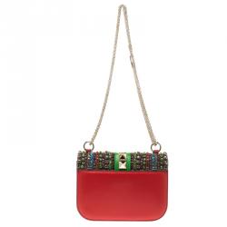 Pre Owned Valentino Multicolor Leather Small Crystal Embellished Glam Lock Shoulder Bag
