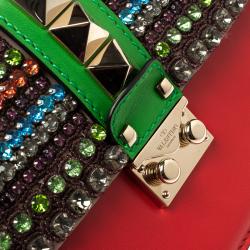 Pre Owned Valentino Multicolor Leather Small Crystal Embellished Glam Lock Shoulder Bag