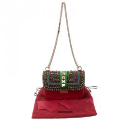 Pre Owned Valentino Multicolor Leather Small Crystal Embellished Glam Lock Shoulder Bag