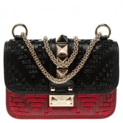Pre Owned Valentino Black/Red Leather Mircro Beaded Glam Lock Shoulder Bag