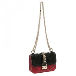Pre Owned Valentino Black/Red Leather Mircro Beaded Glam Lock Shoulder Bag