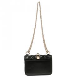 Pre Owned Valentino Black/Red Leather Mircro Beaded Glam Lock Shoulder Bag