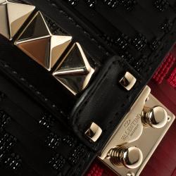 Pre Owned Valentino Black/Red Leather Mircro Beaded Glam Lock Shoulder Bag