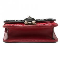 Pre Owned Valentino Black/Red Leather Mircro Beaded Glam Lock Shoulder Bag