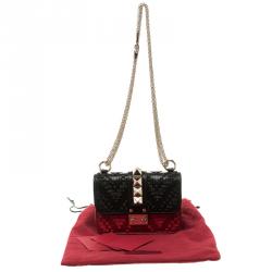 Pre Owned Valentino Black/Red Leather Mircro Beaded Glam Lock Shoulder Bag