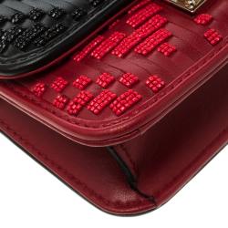 Pre Owned Valentino Black/Red Leather Mircro Beaded Glam Lock Shoulder Bag