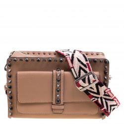 Pre Owned Valentino Light Brown Leather Guitar Straps Rolling Rockstud Shoulder Bag