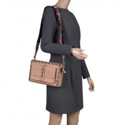 Pre Owned Valentino Light Brown Leather Guitar Straps Rolling Rockstud Shoulder Bag