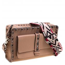 Pre Owned Valentino Light Brown Leather Guitar Straps Rolling Rockstud Shoulder Bag