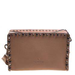 Pre Owned Valentino Light Brown Leather Guitar Straps Rolling Rockstud Shoulder Bag