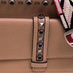 Pre Owned Valentino Light Brown Leather Guitar Straps Rolling Rockstud Shoulder Bag