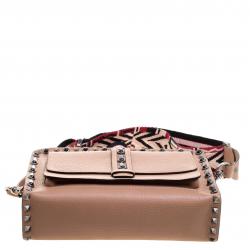 Pre Owned Valentino Light Brown Leather Guitar Straps Rolling Rockstud Shoulder Bag