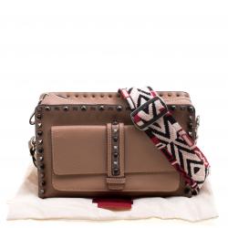 Pre Owned Valentino Light Brown Leather Guitar Straps Rolling Rockstud Shoulder Bag