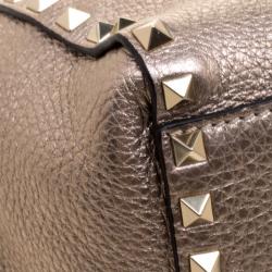 Pre Owned Valentino Metallic Beige Leather Small Rockstud Shopper Tote